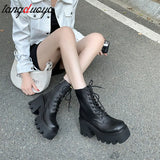 platform Boots Womens Ladies Chunky Wedge Platform Black Patent Leather Ankle Boots Punk Lady Botas Mujer