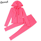 Women Autumn Casual Two Piece Set Hooded Crop Tops Sporty Leggings Matching Stretchy Soft Skinny Fitness Slim