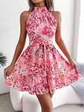 Fashion Floral Print Sleeveless Dress Summer Sexy Off Shoulder Halter Strap Slim Waist Beach Dress Office New High Waist