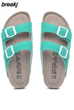 2023 New Summer Men Cork Slipper Casual Beach Double Buckle Non-slip Outside Nubuck Leather Slip on Slides