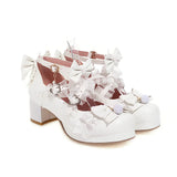 Cross Strap Women High Heels Mary Jane Pumps Party Wedding Cosplay White Pink Black Ruffles Bow Princess Cosplay Lolita