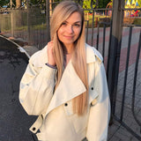 New Arrivals Women Faux Leather Jacket Pu Motorcycle Biker Beige Leather Coat Fashion Turndown Collar Loose