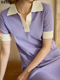 women slim bodycon summer dress polo knit dress straight dress purple