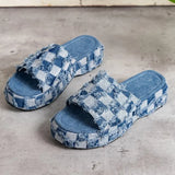 Female Summer 2023 New Color Plaid One-Word Slippers Thick Cloth Face
