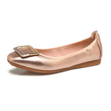 Autumn Women Soft ballet Flat Shoes PU Leather Square Buckle Womens Foldable Loafers Woman Green