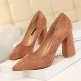 Breakj Simple Thick Heel High Heel Suede Shallow Pointed Professional OL Show Thin Women's Shoes High Heels Single
