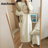 O Neck Knitted Dress Women Batwing Long Sleeve Basic Casual Straight Dress Soft Home Style Lady Long Dresses
