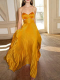 Women's Elegant Solid Pleated Long Dress Fashion Chic Tube Top Cutout High Waist Dress Sexy Off-the-shoulder Sling Party
