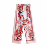 Chic Peahen Print Women Sets 2021za Summer Fashion Ladies Loose Satin Boho Suits Girls Chic Shirts