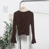 Real Shooting 2024 Autumn Dress Sexy V-Neck Folded Open Fork Short High-Waisted T-Shirt Horn Long Sleeve Bottom Top