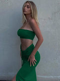 Two Piece Sets Women Ankle-Length Skirts Women Tube Crop Top Sexy Party Outfit Beachwear Split Drawstring Folds