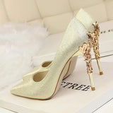 Women Pumps Pointed Toe Satin Office Lady Shoes Summer High Heels Woman Wedding Bridal Shoes Metal Ladies