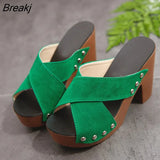 Size 35-40 High Heels Slippers Women's Platform Shoes Summer Block Heel Leather Black Slides Ladies Office Slippers