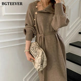 2020 Winter Turtleneck Buttons Women Knitted Mid-length Dress Elegant Lace-up Loose Female Sweater Dress Long