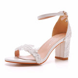 Breakj Cm Thick Heel Sandals Shallow Mouth With Square Buckle Sandals White Lace Wedding Shoes High