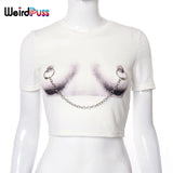 Puss Print Chain Crop Top Women Summer Casual Skinny Short Sleeve T Shirt Wild Streetwear Stretchy Sporty Waistless