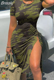 Sexy Bodycon Pleated Side Slit Knee Dresses Women Printing Round Neck Short Sleeve Dress Fashion Slim Party