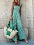 Summer Hollow Wide Leg Pants Overalls Women Retro Plaid Print Elegant Boho Jumpsuit 2022 Off Shoulder Office Backless