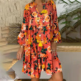 Fashion New V Neck Print Ruffle Dresses Casual Button Pacthwork Loose Mid Dresses Elegant Streetwear Party Female