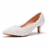 Breakj 5 Cm Lace Heel High Heel Heel Heel Mid-Heeled Wedding Shoes Pointed Bridesmaid Shoes Annual Photo