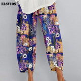 Fashion Loose Plus Size Elastic Waist Cropped Pants Casual Irregular Wide Leg Pants Multi-color Print Cotton Linen
