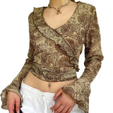 Khaki Vintage Print V Neck Flare Long Sleeve Y2K Tops Cute E Girl Fairy Grunge Aesthetic Graphic T Shirts for