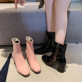 Breakj Winter New Korean Version Of High-Heeled Thin Boots Fashion Short Boots Women's Large Size Shoes Bright Leather Side Zipper