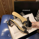 Open-toe Bow Buckle Slippers Women's Summer Transparent Sandals Square-heeled High-heeled Women's Shoes New