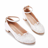 Breakj 3 Cm Square-Shaped Round-Headed Single-Shoe Wrist Strap Single Shoe Spring And Autumn Lace Wedding Shoes Women's Small White