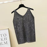 shiny Knitted Top Summer v-neck diamonds Tank top Women Slim Top Female bling sleeveless t-shirt Vest