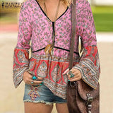 Bohemian Floral Printed Chemise Fashion Loose Casual Beach Holiday Tops 2022 ZANZEA Autumn Women Full Sleeve Blouse V-Neck