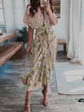 Women Summer Short Sleeve Boho Dresses Belt Office Lady Elegant Button Lapel Shirt Dress Spring Printing Draped Long Party