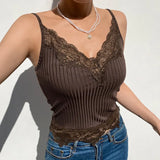 Patchwork Lace Brown Crop Top Summer V Neck Sexy Sleeveless Cami Tops Tees 90s Backless Spaghetti Strap Top