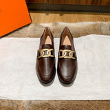 quality leather shoes metal chains flat women round toe mules spring autumn single moccasins female comfy slip on