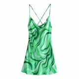 Vintage Chic Green Print Cross Strap Mini Dress Women 2021 Fashion Sexy Backless Draped Party Dresses Female