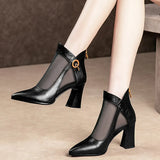 Breakj Buckle Tip Mesh Gauze Sandals 2023 Sexy Hollow Out V Mouth Women's Shoes High Heel Thick Heel Female