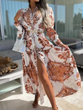 Women Spring New Chic Long Coat Dress Elegant Print Boho Dress Fashion V-Neck Single Breasted Lantern Sleeve Part Dress