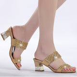 New Diamond Sandals Women's Summer High Heels Thick Heels Leather Fashion Inlaid Diamond