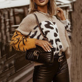 Fashion Leopard Patchwork Women Sweater Winter Warm Elegant Furry Soft Lady Knit Jumper Autumn O Neck Long Sleeve Tops