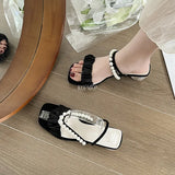 Summer Slippers Clear Pearls Pleated Med Heel Slides Fashion Round Ball Heel Slipper for Party Shoes Women Sandals Women