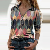 Slim Fashion Women Autumn Geometric Print V Neck T-shirts Casual Long Sleeves Zipper Pullover Elegant Streetwear Female