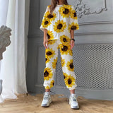 Spring Summer New Women O Neck Print Fashion Casual Set Elegant Mid Sleeves Long Pants Loose Pullover Soft Streetwear