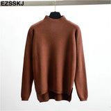 Style Loose Sweater Women Pullover Casual Half Turtleneck Long Sleeve Oversized Knit Sweater Female Jumpers Split