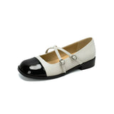 Women Genuine Leather Patchwork Buckle Strap Round Toe Elegant Mary Janes Shoes Ladies Low Heels Dress Retro Wedding