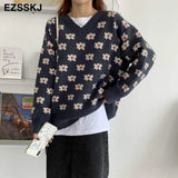 blue floral Sweater Pullovers Women winter autumn thick v-neck chic 2021 sweater long sleeve sweater