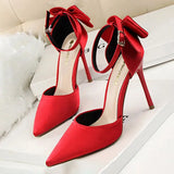 Shoes Bow Woman Pumps Silk High Heels Women Shoes Stiletto Red Wedding Shoes Women Heels Women Sandals Free