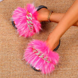 Women Slippers Furry Fluffy Flip Flops Women Sandals Gold Chain Fur Slides Ladies Slippers Plus Size Shoes
