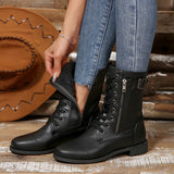 Boots Large-Size Side Zipper Mid-Crace Plus Velvet Boots Round Head Tie With Thick And Martin
