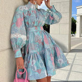 Autumn Boho Women Dresses Fall Fashion Printed V Neck Puff Sleeve High Waist Long Dress 2022 Office Elegant Women
