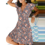 Summer 2021 New Casual Floral Print V Neck Pullover A-line Dress Fashion Short Sleeves Elegant Office Lady Party